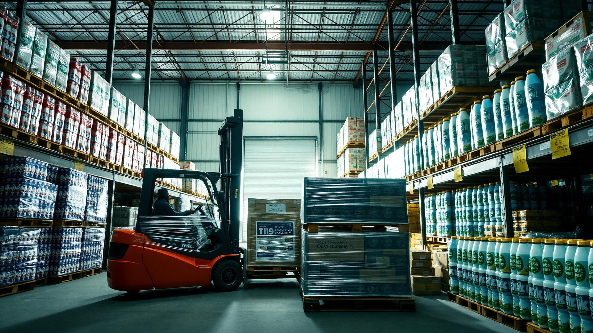 Forklift moving pallets of soft drinks and household products inside the MetaCore Distribution warehouse